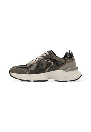 Sneaker with a dark olive green and black mesh upper, light gray laces, textured accents, and a chunky white sole.