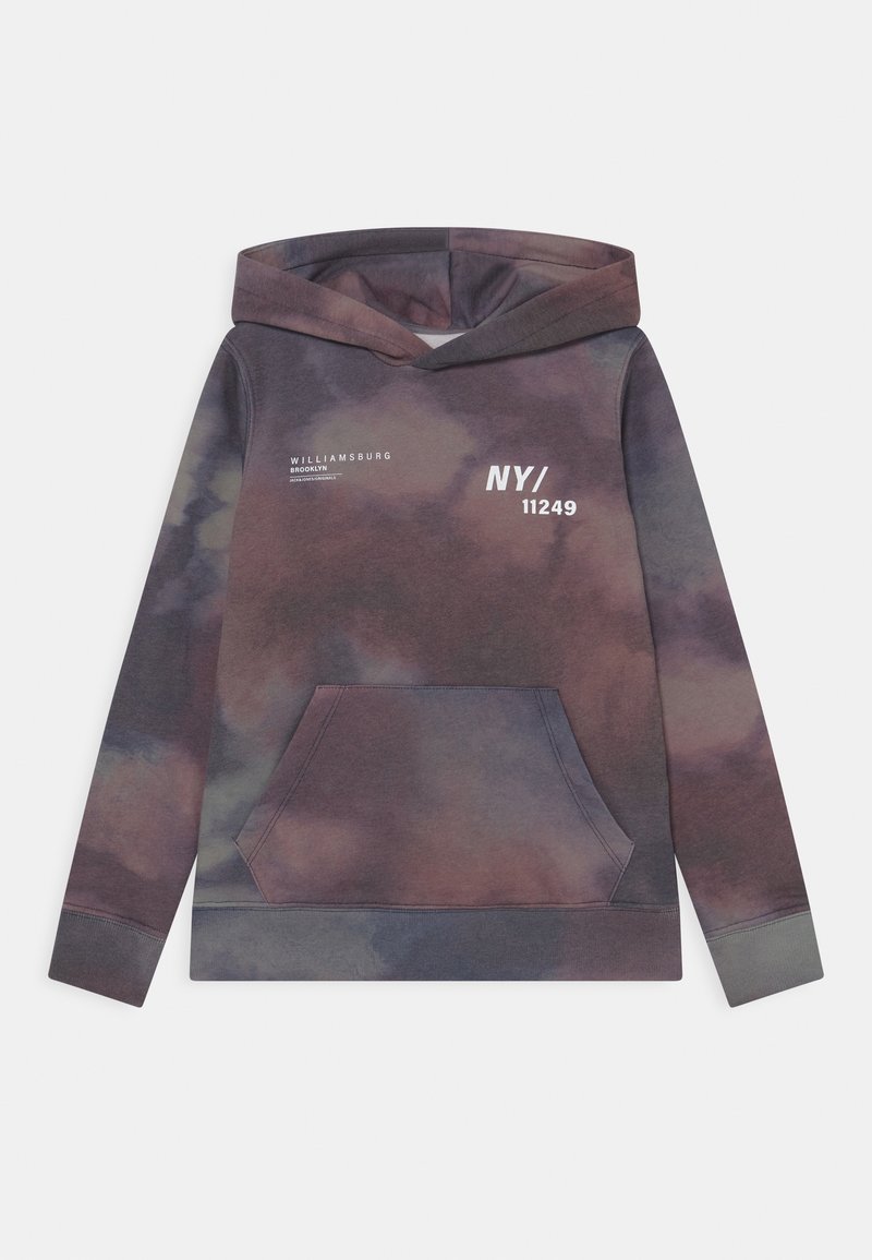 Sweat à capuche tie-dye avec poche avant, tons violet foncé et gris, texte blanc "WILLIAMSBURG BROOKLYN" et "NY/ 11249" sur la poitrine.
