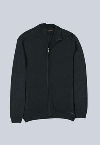 Dunkelgraue Strickjacke mit Reißverschluss aus strukturiertem Strickstoff, mit geripptem Kragen und Bündchen, Seitentaschen und dezentem Markenakzent.