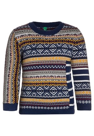 Børns langærmede strikkede sweater med geometriske og stribede mønstre i marineblå, gul, hvid, rød og grå farver.