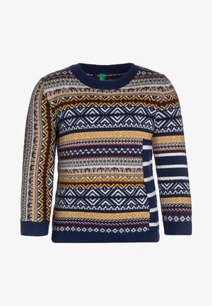 Pull en maille à manches longues pour enfants avec motifs géométriques et rayures en bleu marine, jaune, blanc, rouge et gris.