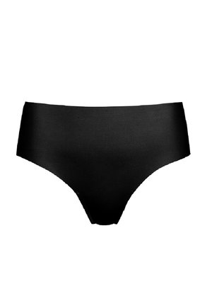 Sous-vêtements noirs de style hipster fabriqués en tissu lisse, avec un design sans coutures et une couverture modérée, affichant une apparence simple et épurée.