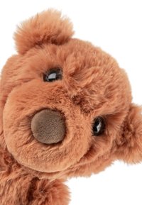 Brown plush bear head with soft fur, black plastic eyes, and a round brown nose. Features round ears and a fluffy top tuft.