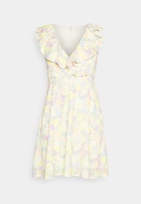 Robe courte fleurie en jaune pastel avec un col à volants, une encolure en V, une taille cintrée et une jupe évasée. Tissu léger avec une texture douce.