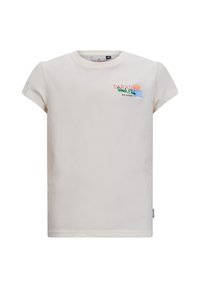 T-shirt a maniche corte color crema chiaro realizzato in cotone, con testo colorato "PARADISE Beach Club" e grafica di onde sul petto.