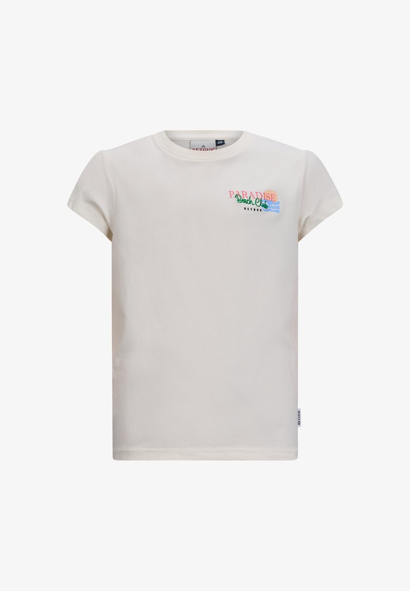 T-shirt a maniche corte color crema chiaro realizzato in cotone, con testo colorato "PARADISE Beach Club" e grafica di onde sul petto.