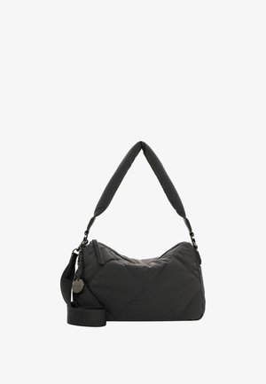 Black quilted shoulder bag with a soft handle and adjustable strap. Features zip closure, textured surface, and subtle branding detail.