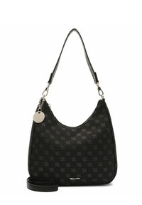 Borsa a spalla nera dalla forma curva, realizzata in materiale testurizzato con un motivo a logo ripetuto. Include una tracolla rimovibile e dettagli in argento.