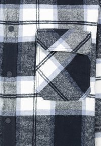 Blau-weißer Karo-Flanellshirt mit Knopfverschluss vorne, einer Brusttasche und kontrastierendem strukturiertem Gewebe im karierten Muster.