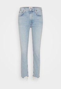 Ljusblå denimjeans med hög midja, raka ben och fransade fållar. Har klassisk femficksdesign och knappgylf.