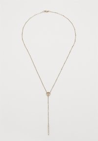 Gold-tone necklace with elongated chain, round pendant, and a dangling bar, featuring small circular accents along the length.