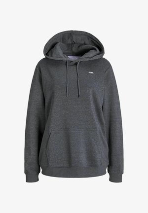 Gray hoodie made of soft fabric, featuring a front pocket, adjustable drawstring, and a small logo on the left chest.