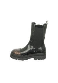 Black ankle boots featuring a glossy finish, elastic side panels, and a textured bronze toe cap, with a chunky black sole.