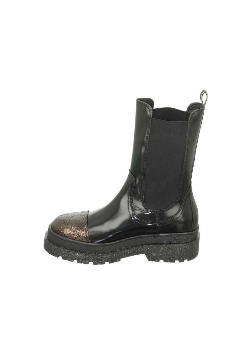Black ankle boots featuring a glossy finish, elastic side panels, and a textured bronze toe cap, with a chunky black sole.