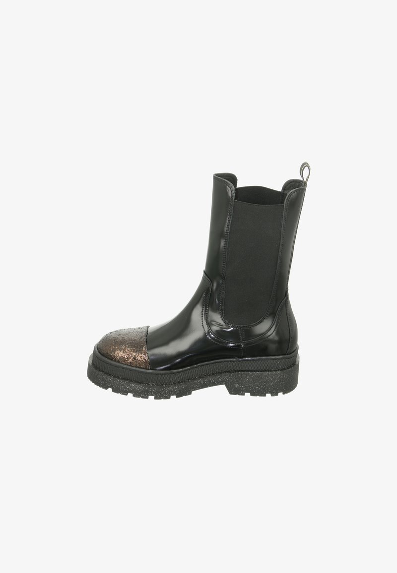 Black ankle boots featuring a glossy finish, elastic side panels, and a textured bronze toe cap, with a chunky black sole.