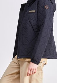 Person i en mørk, quilted jakke med synlige Napapijri-logoer og beige bukser med et synligt North Face-mærke.
