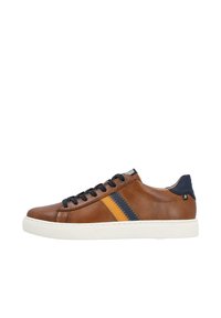 Brown leather sneaker with navy accents, featuring an orange stripe and zigzag stitching. Rubber sole and lace-up design.