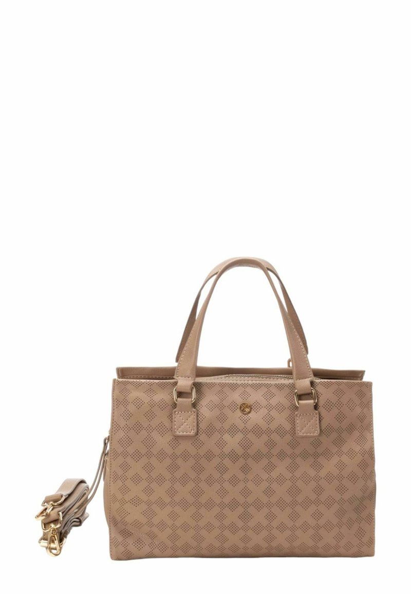 Bolso beige con un diseño estructurado, patrón perforado, dos asas superiores y una correa para el hombro detachable. Accesorios en dorado.