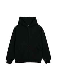 Czarna bluza z kapturem na zamek błyskawiczny, z przednimi kieszeniami, długimi rękawami i kapturem, zaprezentowana na białym tle.
