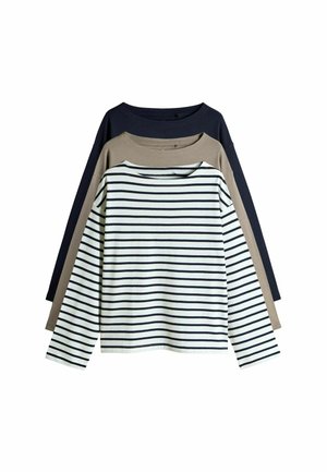 Drei langärmlige Hemden gestapelt: eines in Navy, eines in Beige und eines gestreiften Weiß mit Navy. Weicher Stoff, lässige Passform, runde Ausschnitte.