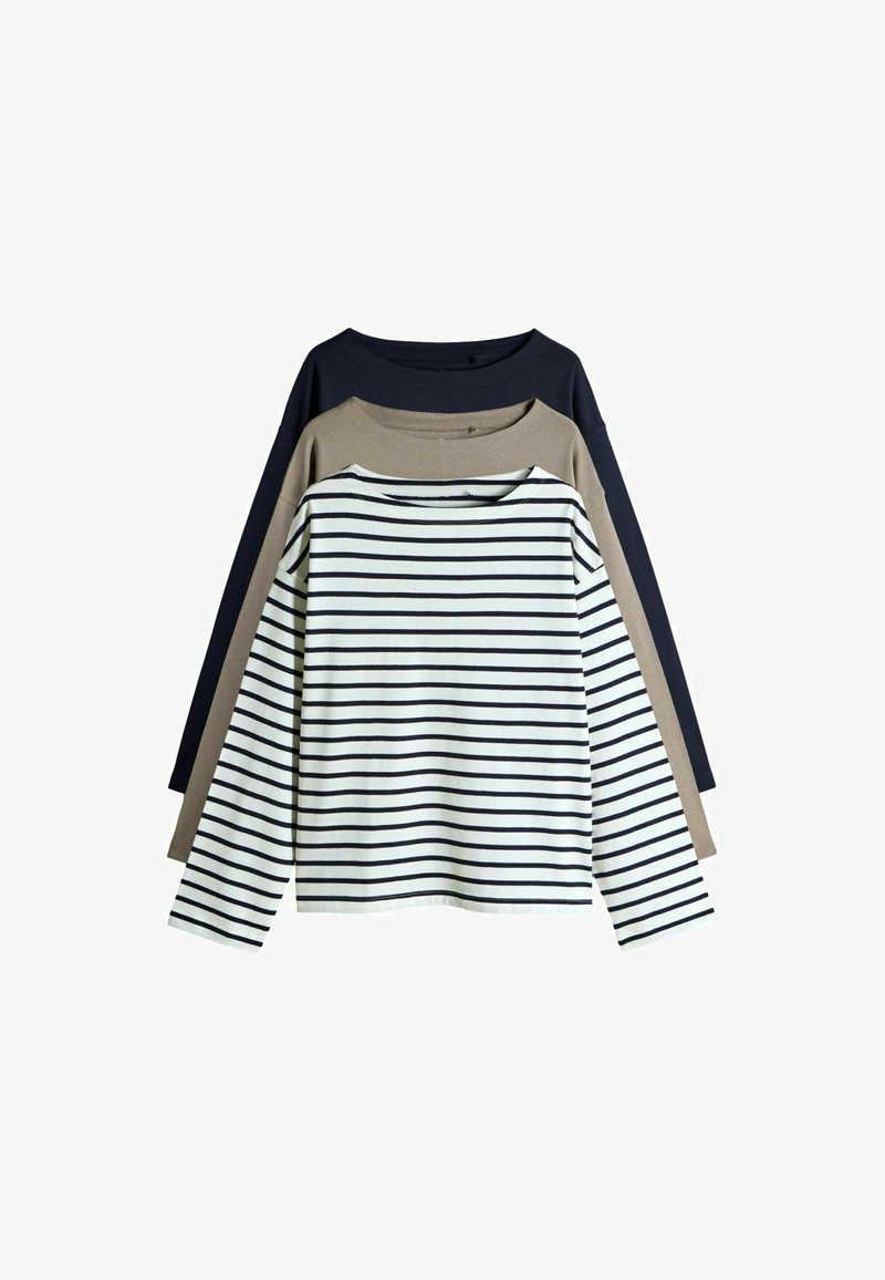 Drei langärmlige Hemden gestapelt: eines in Navy, eines in Beige und eines gestreiften Weiß mit Navy. Weicher Stoff, lässige Passform, runde Ausschnitte.