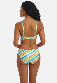 Blue and gold striped bikini set with adjustable straps and a clasp back. Smooth fabric with a slightly glossy finish and moderate coverage.