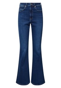 Jean en denim bleu foncé avec une taille haute et des jambes évasées, avec poches avant, bouton et fermeture éclair.