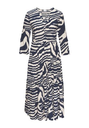 Schwarzes und weißes Zebra-Muster Kleid mit langen Ärmeln, V-Ausschnitt, durchgeknöpftem Vorderteil und gestuftem Rock.