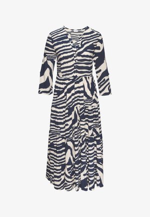 Schwarzes und weißes Zebra-Muster Kleid mit langen Ärmeln, V-Ausschnitt, durchgeknöpftem Vorderteil und gestuftem Rock.