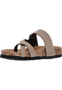 Beige Wildledersandalen mit zwei breiten Riemen und einem schmalen überkreuzten Riemen. Korkfußbett und strukturierte schwarze Gummisohle für besseren Halt.