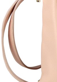 Lichtroze leren handtas met dunne, verstelbare schouderband en details in goudkleurig metaal aan de bovenkant.