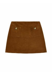 Brązowa zamszowa mini spódnica z dwoma przednimi kieszeniami i złotymi zapięciami. Gładka tekstura, kształt litery A i minimalistyczny design.