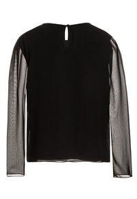 Haut noir en tissu solide avec des manches longues en voile. Le dos présente une ouverture en forme de clé et un col arrondi. Texture légère et douce.