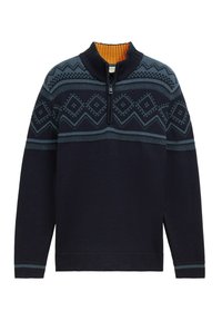 Granatowy sweter z dzianiny z zamkiem, z geometrycznym wzorem w akcentach w odcieniach teal i pomarańczowym. Ribbowane mankiety i dół dla dodatkowej tekstury.