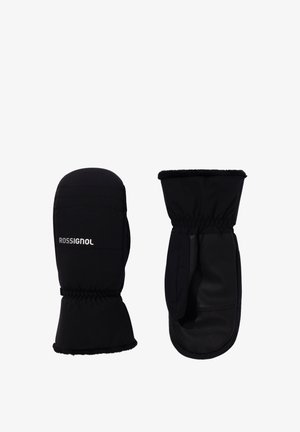 Black mittens with synthetic fabric and leather accents, featuring an elastic cuff for snug fit and a prominent logo on the front.