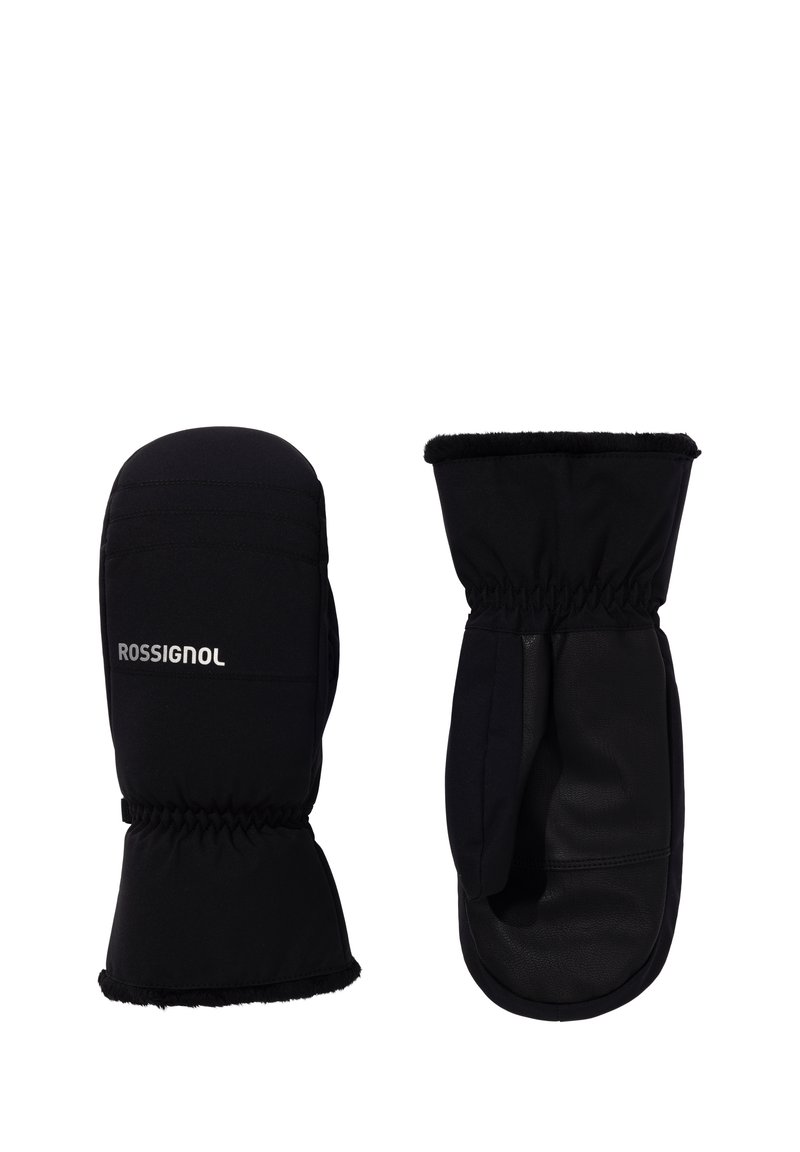 Czarne rękawiczki z tkaniny syntetycznej z skórzanymi akcentami, z elastycznym ściągaczem dla dopasowania i wyraźnym logo z przodu.