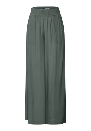 Pantalons larges et longs en tissu vert foncé. Présentent une taille élastique et une texture lisse. Pas de motifs ni de détails matériels visibles.