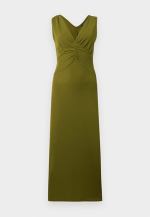 Μακρύ αμάνικο φόρεμα σε ελαιί πράσινο χρώμα με V-λαιμόκοψη, ραφές στο στήθος και τη μέση, εφαρμοστή σιλουέτα και μήκος μέχρι το πάτωμα.