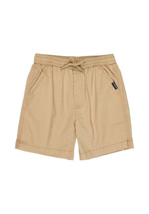 Beige casual shorts met elastische tailleband, trekkoord, zijzakken en een klein zwart logolabel op de rechterzak.