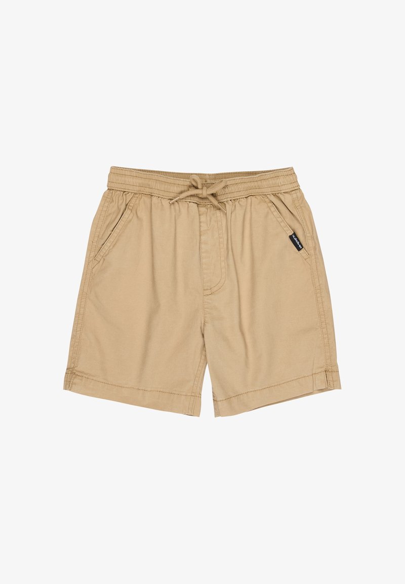 Shorts décontractés beiges avec ceinture élastique, cordon de serrage, poches latérales et petite étiquette de logo noire sur la poche droite.