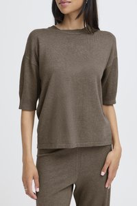 Brown knit top with short sleeves, a relaxed fit, and a simple crew neckline, crafted from a soft fabric with a slightly textured surface.