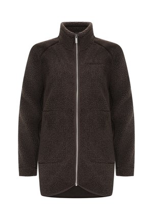 Dunkelbraune Fleecejacke mit durchgehendem Reißverschluss, hohem Kragen, langen Ärmeln und zwei Fronttaschen.