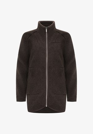 Donkerbruine fleece jas met volledige rits aan de voorkant, hoge kraag, lange mouwen en twee voorzakken.