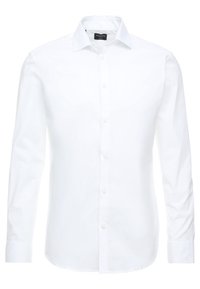 Camisa de vestir de hombre de manga larga blanca con frente abotonado, cuello clásico y corte ajustado, exhibida sobre un fondo blanco.