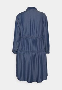 Denim dress, dark blue, with a cinched elastic waist, long sleeves, and a collar. Features a relaxed, slightly flared silhouette.