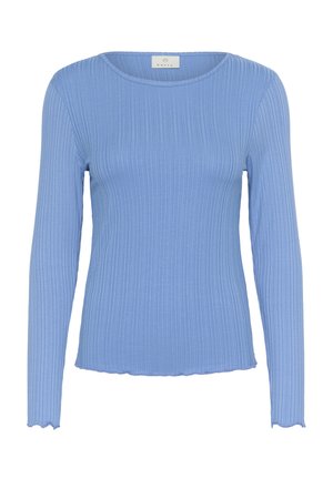 Maglietta a maniche lunghe blu a coste con scollatura rotonda e orlo ondulato. Realizzata in un tessuto morbido, presenta una silhouette aderente.