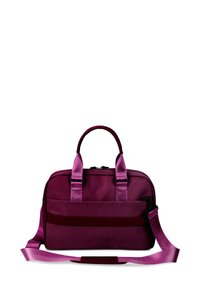 Lila Nylon-Tasche mit zwei Griffen und einem abnehmbaren Schultergurt. Sie verfügt über eine Vordertasche mit glatter Textur und einem Reißverschluss.