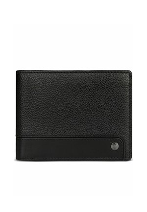 Black textured leather wallet with smooth leather strip and small circular metal emblem in bottom corner, closed flat.