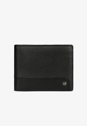 Black textured leather wallet with smooth leather strip and small circular metal emblem in bottom corner, closed flat.