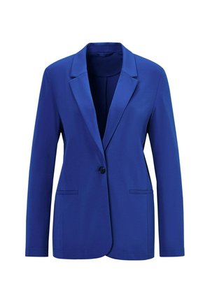 Blauwe blazer van gladde stof, met een notch-revers, enkele knoopsluiting, twee voorzakken en lange mouwen.
